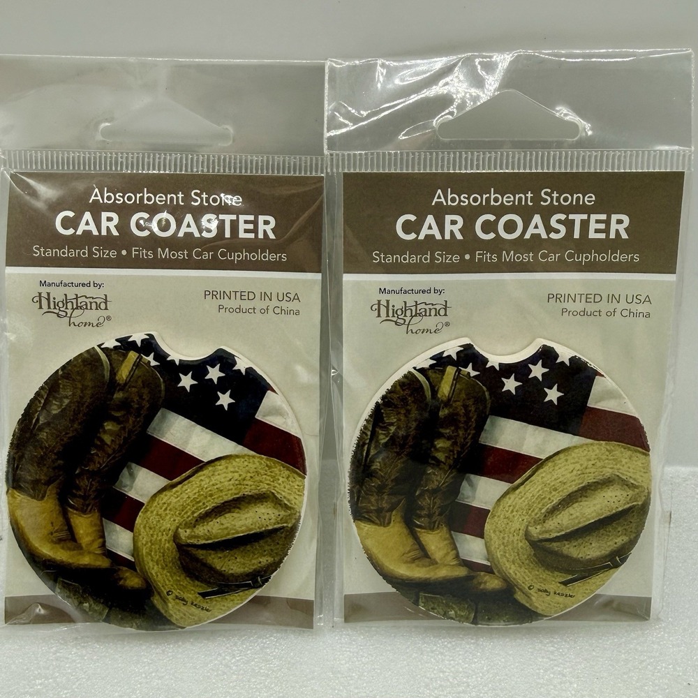 Highland Home Absorbent Stone Car Coasters Western Cowboy Boots Flag Lot of 2